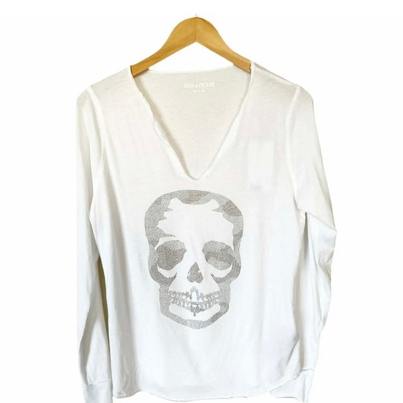 Zadig and Voltaire Tunisien Embellished white skull long sleeve tee - Picture 3 of 6